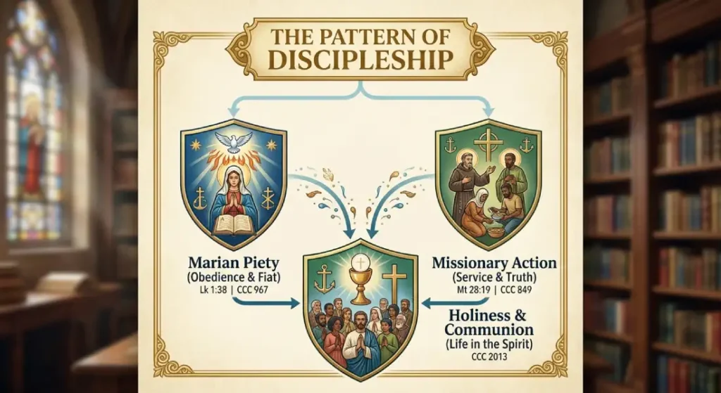 Educational Catholic infographic illustrating The Pattern of Discipleship, showing Marian Piety and Missionary Action converging into Holiness and Communion in the Spirit.