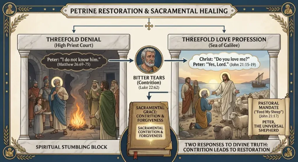 Educational Catholic diagram illustrating Saint Peter's threefold denial in the High Priest's court, his bitter tears of contrition, and his threefold love profession at the Sea of Galilee.