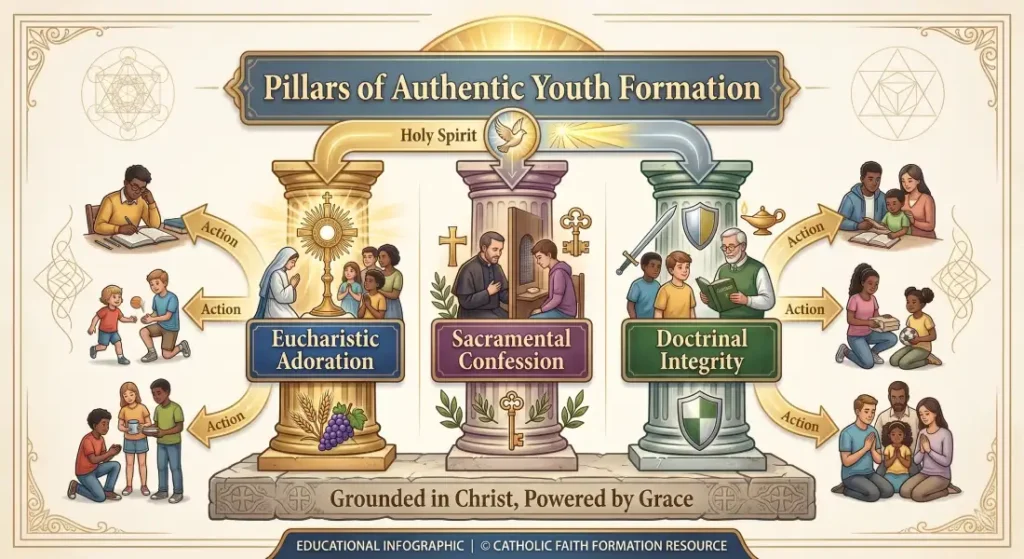 Infographic detailing the three pillars of authentic Catholic youth formation: Eucharistic Adoration, Sacramental Confession, and Doctrinal Integrity grounded in grace.