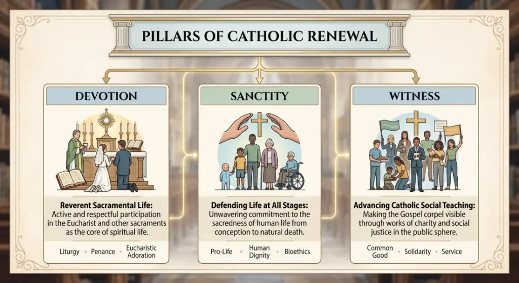 Infographic showing the Pillars of Catholic Renewal: Devotion (reverent sacramental life), Sanctity (defending life), and Witness (social teaching).