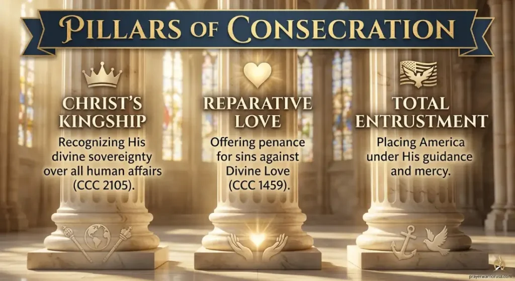 Infographic showing the 3 Pillars of Consecration: Christ's Kingship (CCC 2105), Reparative Love (CCC 1459), and Total Entrustment of America to Divine Mercy.