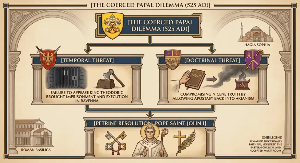 Infographic diagram illustrating Pope Saint John I's coerced papal dilemma between King Theodoric's temporal threats and the Arian doctrinal threats in 525 AD.