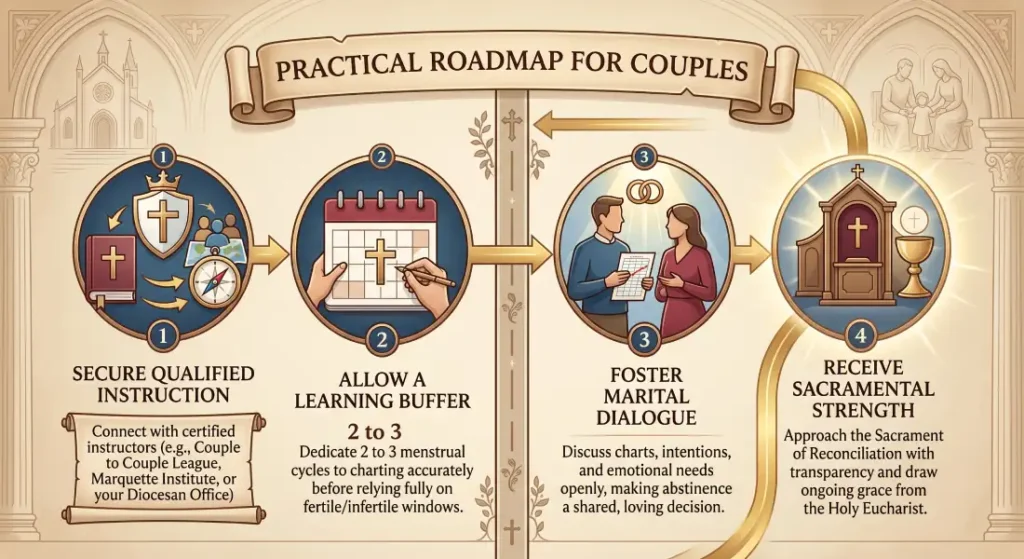 Four-step roadmap for Catholic couples practicing NFP: certified instruction, charting buffer, dialogue, and sacraments.