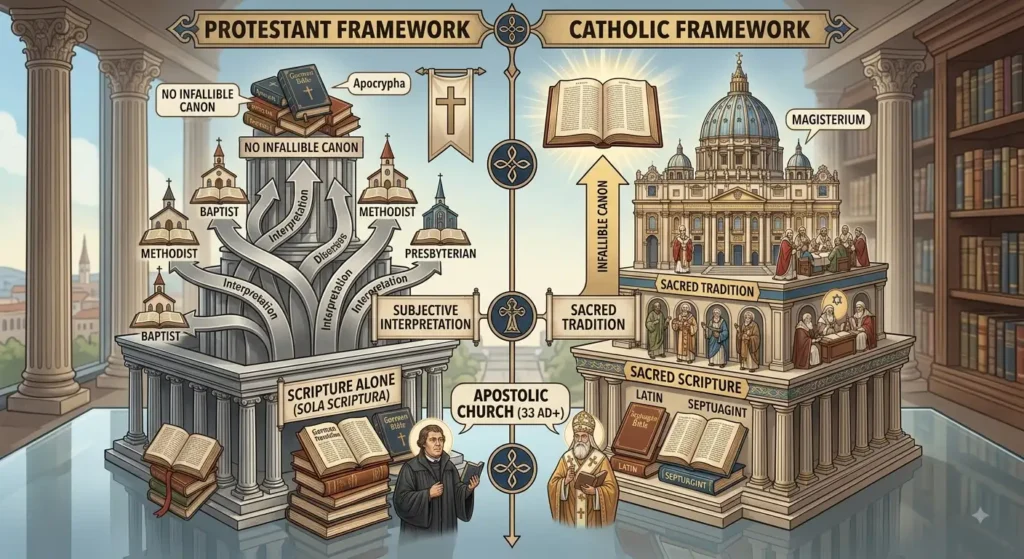 An educational diagram comparing the Protestant Framework (Scripture Alone, subjective interpretation, no infallible canon) against the Catholic Framework (Sacred Scripture, Sacred Tradition, the Magisterium, and an infallible canon).