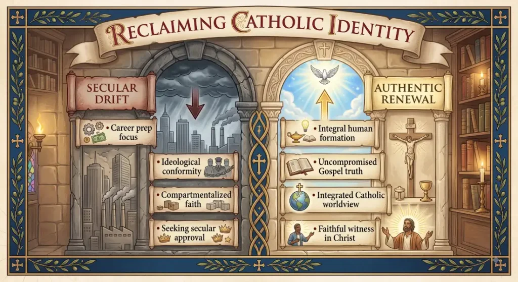 Infographic contrasting Secular Drift and Authentic Renewal in Catholic education to help schools reclaim Catholic identity.