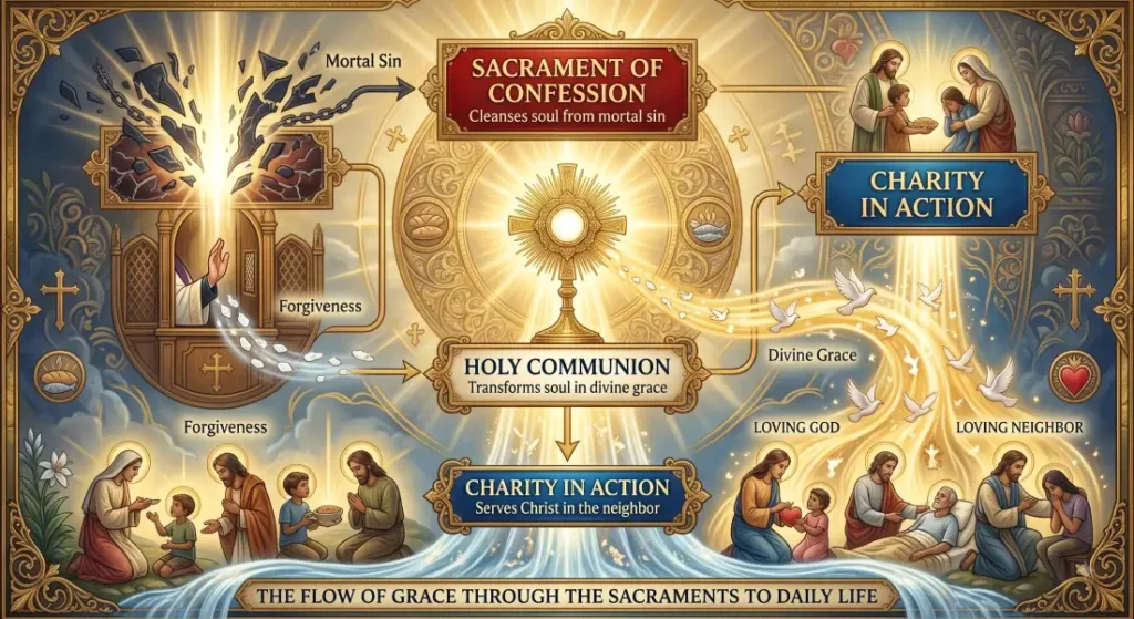 Infographic showing the Catholic flow of grace from Confession cleansing mortal sin to Holy Communion and charity in action.