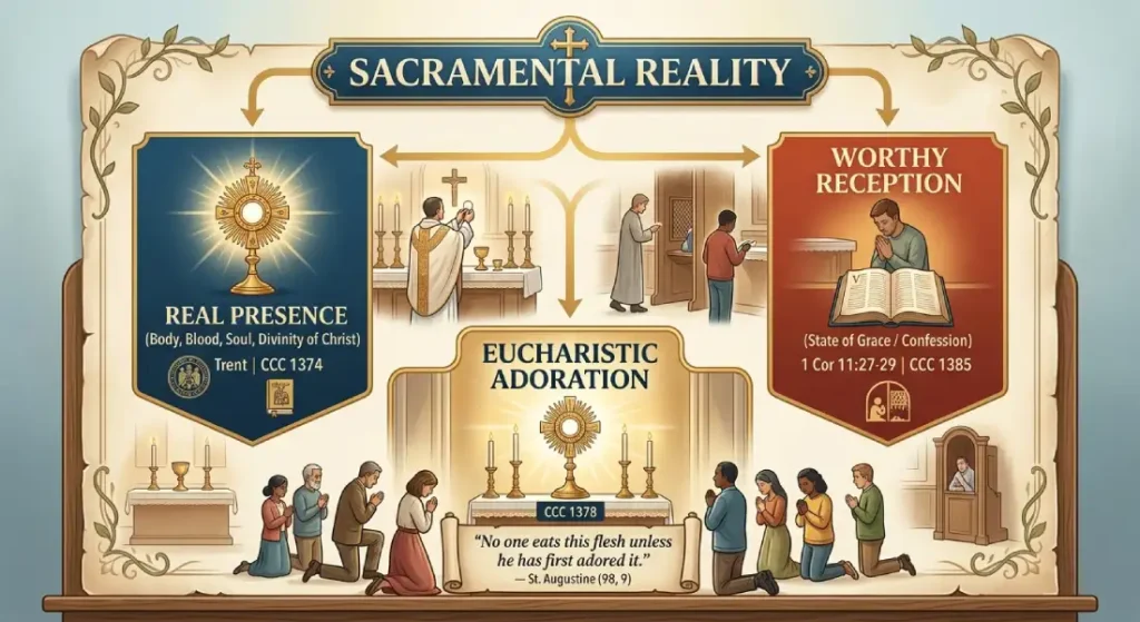 Educational Catholic diagram showing Sacramental Reality dividing into the Real Presence of Christ and Worthy Reception through Confession, leading to Eucharistic Adoration.