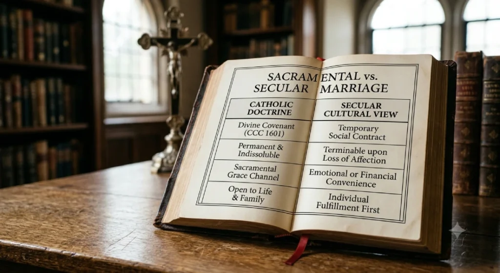 An open book in a library setting displaying a comparative table titled "Sacramental vs. Secular Marriage" outlining Catholic doctrine versus secular cultural views on holy matrimony.