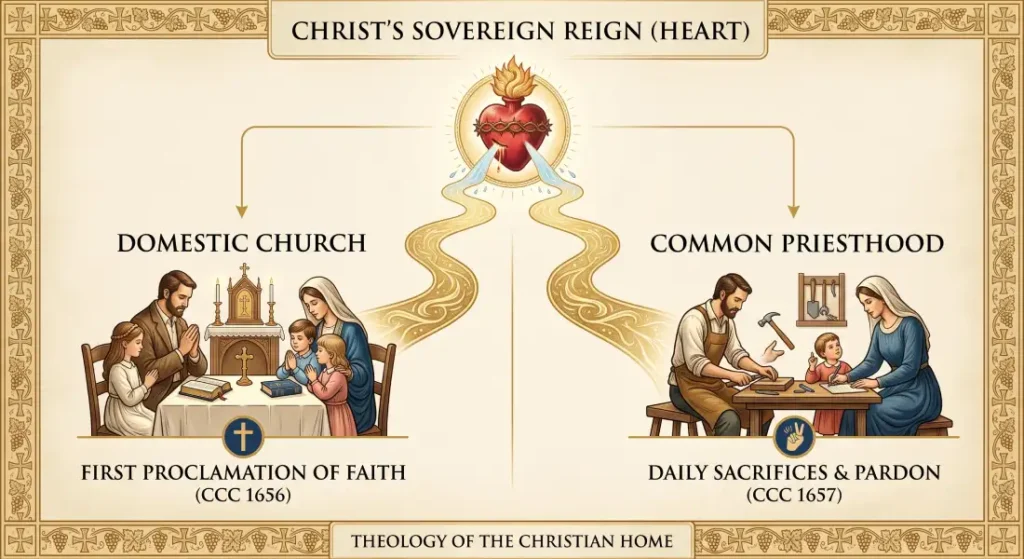 Sacred Heart devotion family infographic illustrating Christ's sovereign reign over the domestic church (CCC 1656) and the common priesthood (CCC 1657).