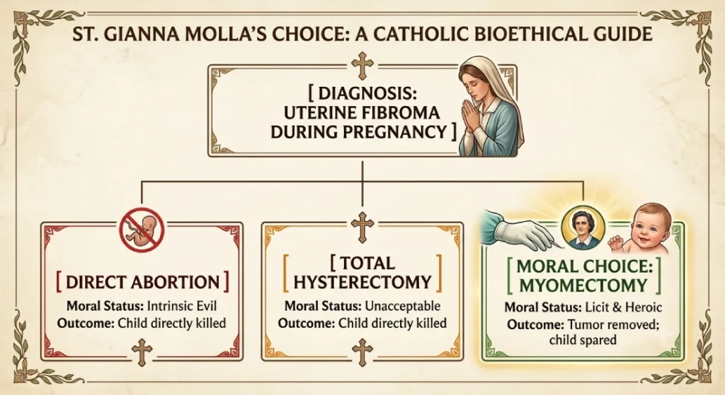 Flowchart diagram detailing St Gianna Molla bioethics decision during pregnancy showing direct abortion, total hysterectomy, and the moral choice of myomectomy.