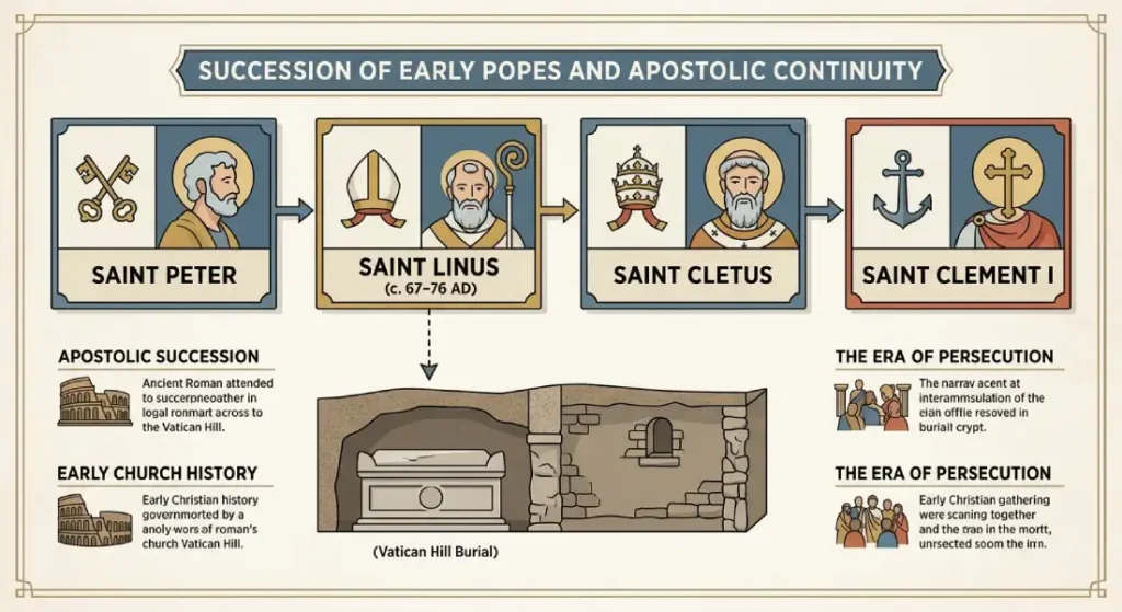 Educational flowchart showing the apostolic succession of early Catholic popes from Saint Peter to Saint Linus, Saint Cletus, and Saint Clement I, highlighting Saint Linus's papal term (c. 67–76 AD) and burial on Vatican Hill.