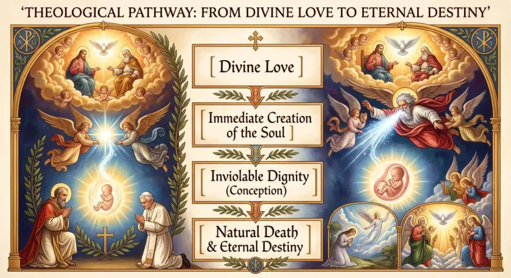 Flowchart illustration showing the Catholic theological pathway of human life: Divine Love leading to Immediate Creation of the Soul, Inviolable Dignity at Conception, and Natural Death & Eternal Destiny.