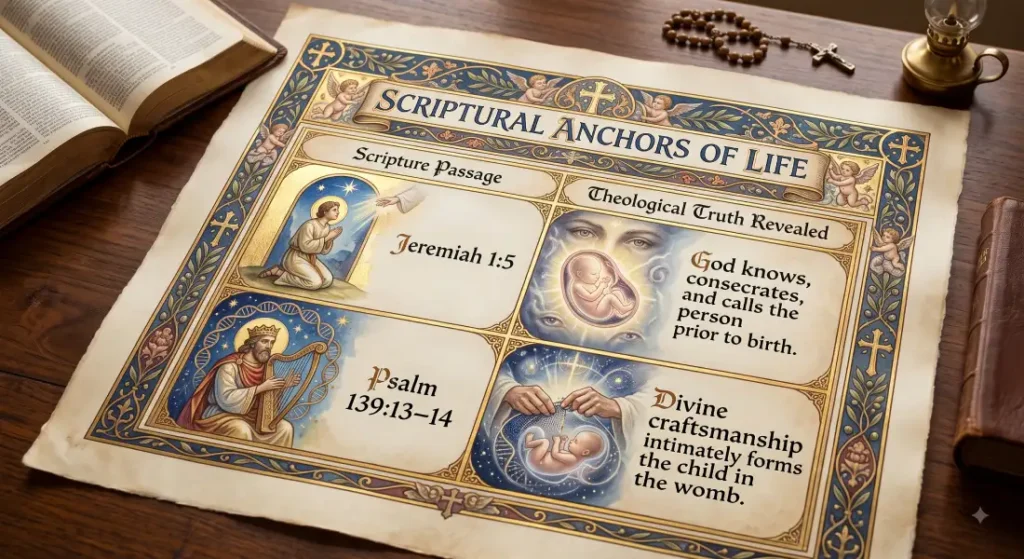 Illuminated manuscript infographic displaying Scriptural Anchors of Life: Jeremiah 1:5 showing God knows and calls the unborn, and Psalm 139:13-14 showing divine craftsmanship forming the child in the womb.