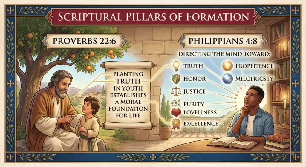 Scriptural Pillars of Formation infographic featuring Proverbs 22:6 and Philippians 4:8 guidelines for Catholic youth education.