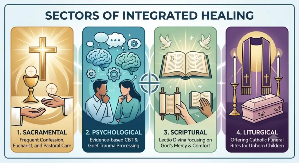 Infographic showing four sectors of integrated Catholic healing: Sacramental care, Psychological therapy, Scriptural reflection, and Liturgical rites.