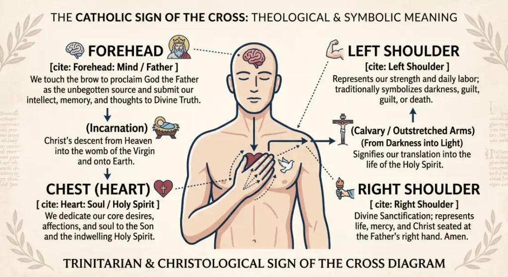 Theological diagram showing the Catholic Sign of the Cross: Forehead (Father), Chest (Son), and Shoulders (Holy Spirit).