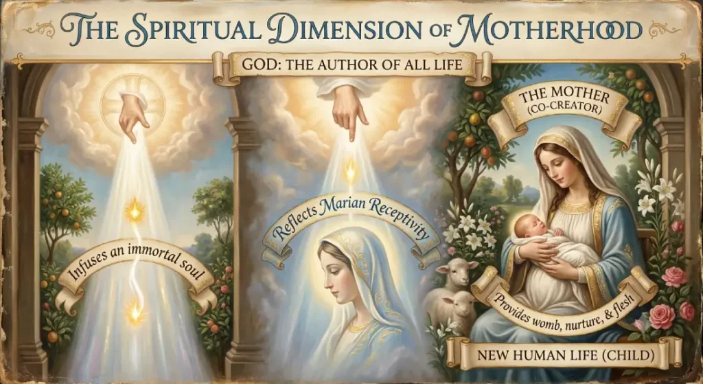 A three-panel Catholic diagram titled The Spiritual Dimension of Motherhood showing God infusing an immortal soul, Marian receptivity, and the mother as a co-creator holding a newborn child.