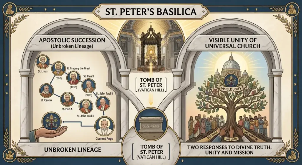 Catholic educational diagram centered on St. Peter's Basilica and the Tomb of St. Peter on Vatican Hill, illustrating Apostolic Succession and the visible unity of the Universal Church.
