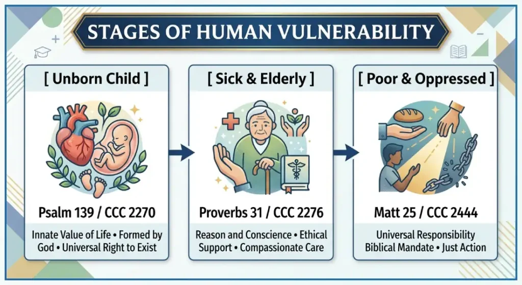 Infographic showing Stages of Human Vulnerability: Unborn Child, Sick & Elderly, and Poor & Oppressed with Scripture and Catechism references