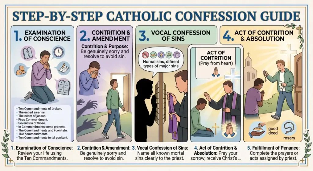 5-step visual guide to Catholic confession detailing examination of conscience, contrition, vocal confession of sins to a priest, act of contrition with absolution, and penance.