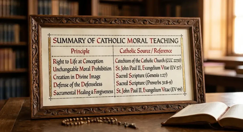 Infographic summarizing Catholic moral teaching on the right to life, including references to CCC 2270, Evangelium Vitae, and Sacred Scripture.