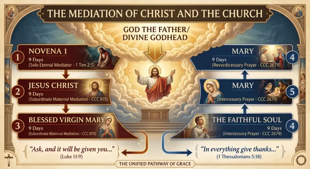 Catholic theological diagram showing the hierarchy of prayer and grace: Jesus Christ as the sole mediator between God and man (1 Timothy 2:5) and the Blessed Virgin Mary’s subordinate maternal mediation (CCC 970).