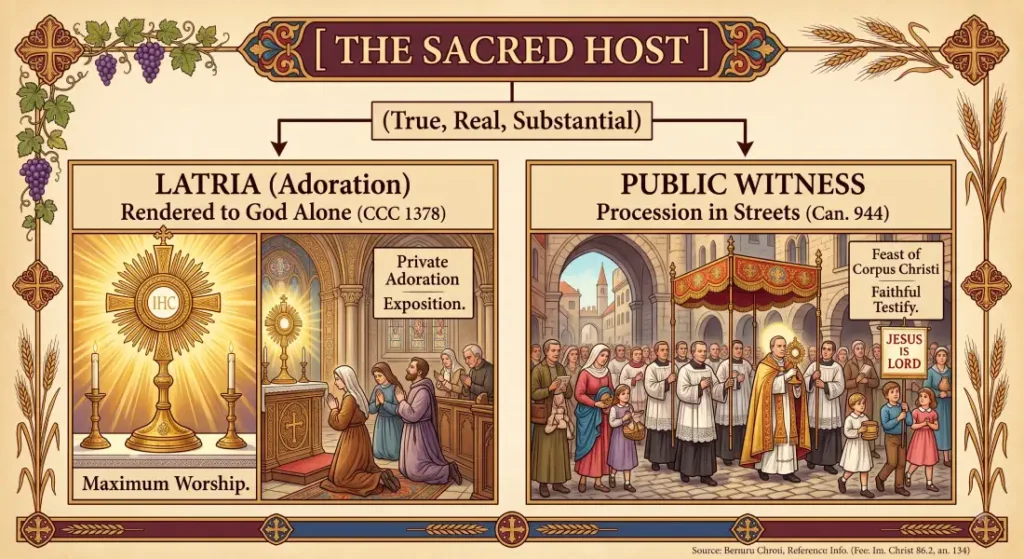 Educational diagram illustrating the theological definition of The Sacred Host as True, Real, and Substantial. The image breaks down the concepts of LATRIA (Adoration) and Public Witness, with visual references to exposition in a church and a street procession with monstrance, as referenced in CCC 1378 and Can. 944.