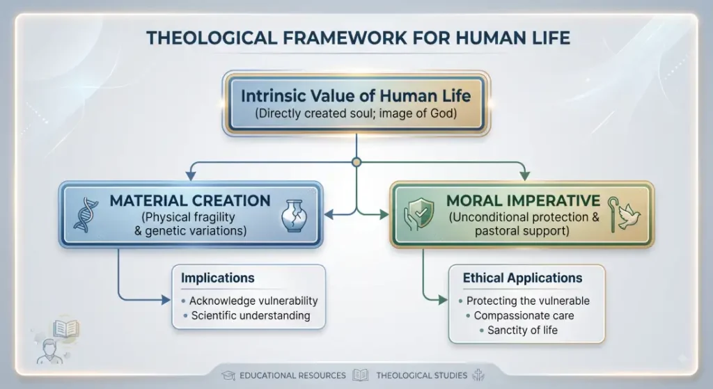 Theological framework diagram showing the intrinsic value of human life created in the image of God, detailing material creation and moral imperative.