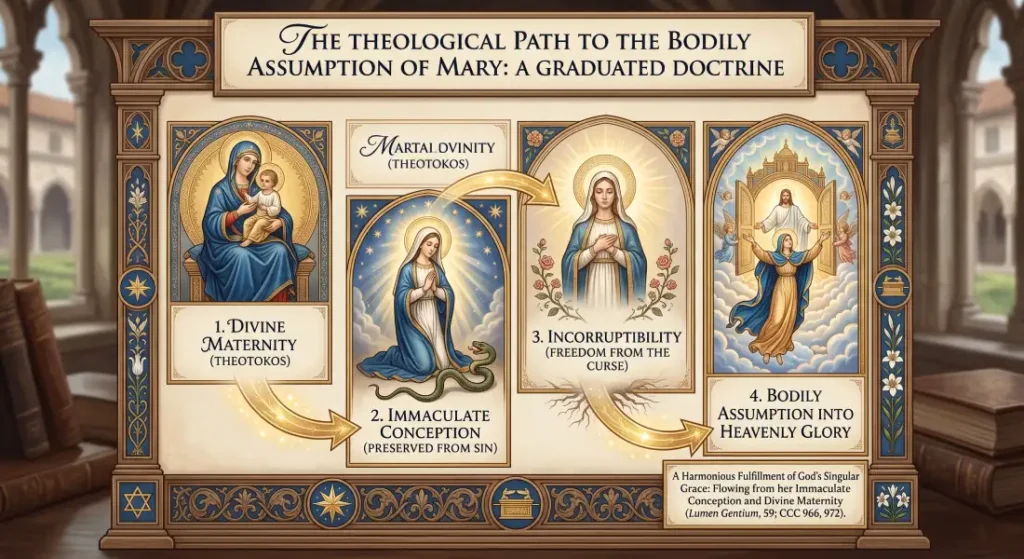Infographic illustrating the 4 stages of Marian dogma leading to the Assumption: Divine Maternity, Immaculate Conception, Incorruptibility, and Bodily Assumption.