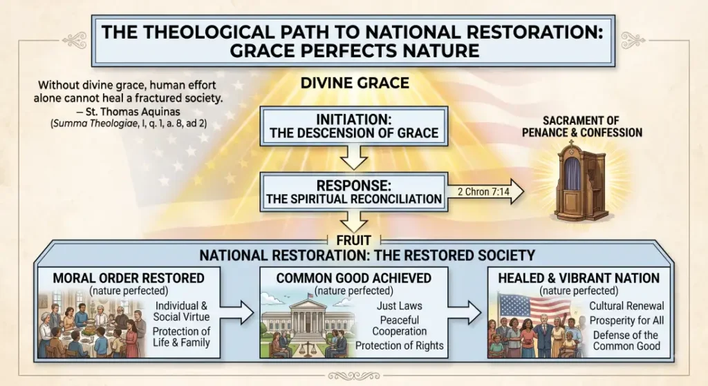 Diagram showing the theological process of national restoration: Initiation through Divine Grace, Response via Repentance and Sacraments, and Fruit leading to Moral Order and the Common Good (St. Thomas Aquinas).