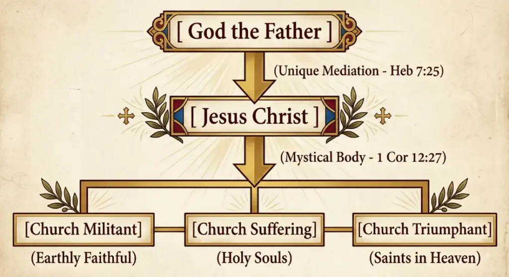 Diagram illustrating Christian intercession: God the Father mediated through Jesus Christ, connecting the Church Militant, Church Suffering, and Church Triumphant.