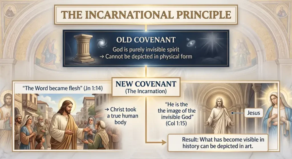 Diagram illustrating the Incarnational Principle: contrasting the invisible God of the Old Covenant with Christ making God visible in the New Covenant through sacred art.