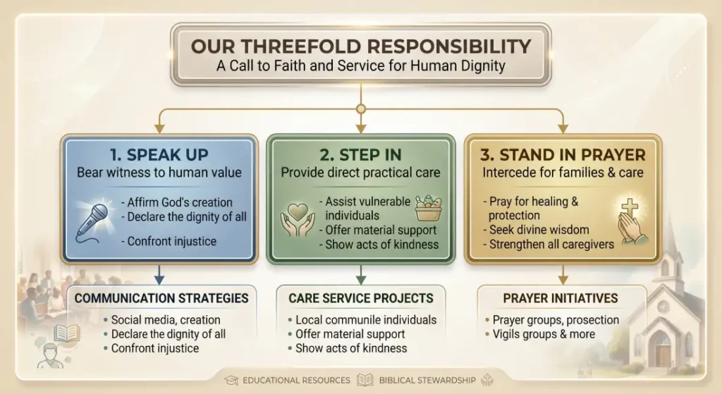 Infographic titled "Our Threefold Responsibility: A Call to Faith and Service for Human Dignity" with steps "Speak Up," "Step In," and "Stand in Prayer," connecting to communication, care projects, and prayer initiatives, against a subtle church and family background.