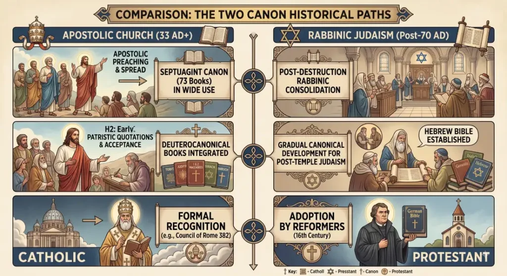 A visual diagram depicting the two historical paths of the Bible canon: the Catholic path through the Apostolic Church (33 AD) and Septuagint canon (73 books), versus the Protestant path adopting post-70 AD Rabbinic Judaism's Hebrew canon (39 books) via 16th-century reformers.