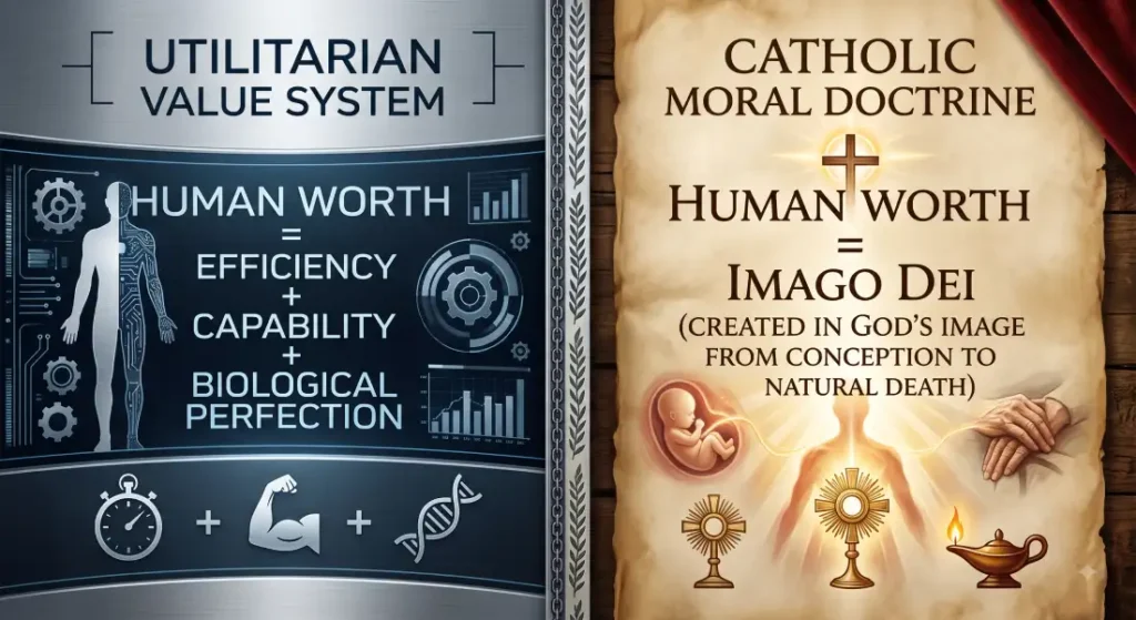 Split diagram comparing the Utilitarian Value System based on efficiency with Catholic Moral Doctrine based on Imago Dei and the sanctity of life from conception to natural death.