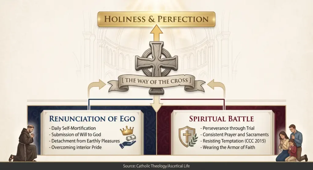 Catholic theology diagram illustrating CCC 2015 showing how renunciation of ego and spiritual battle form the Way of the Cross leading to Christian holiness and perfection.