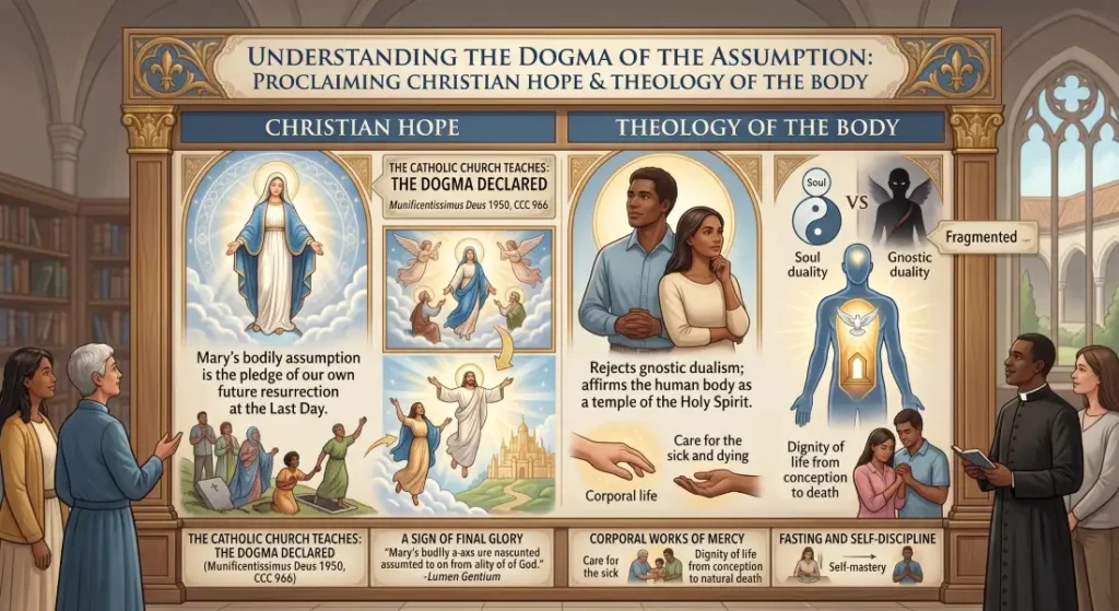 Educational chart showing what the Catholic Assumption proclaims: Christian hope in the bodily resurrection and Theology of the Body rejecting gnostic dualism.