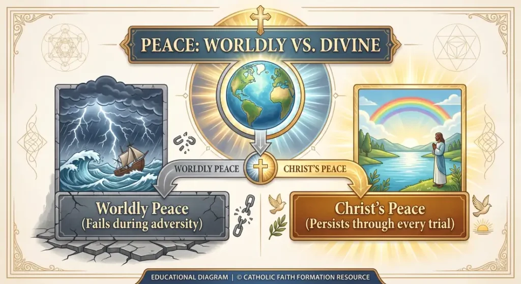 Diagram comparing Worldly Peace which fails during adversity with Christ's Divine Peace which persists through every trial based on John 14:27.
