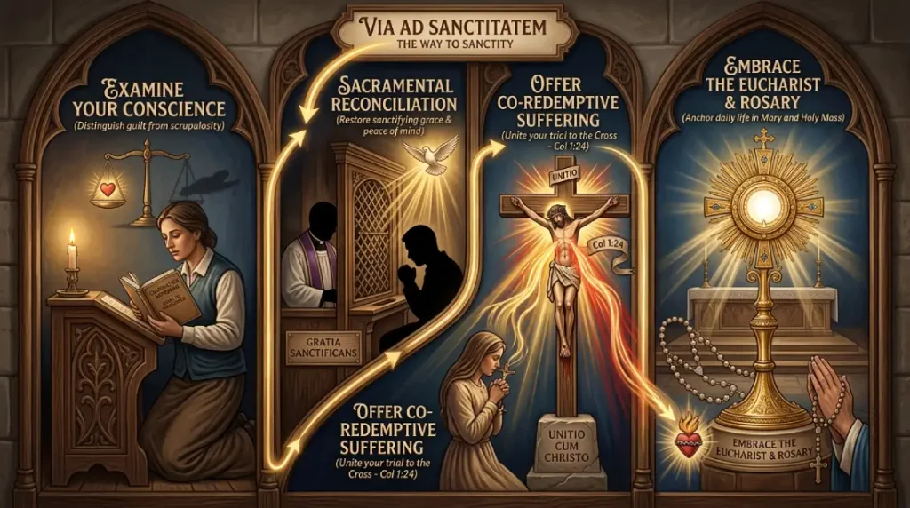 A Catholic 4-step spiritual battle plan flowchart for coping with suffering: Step 1 Examine Your Conscience, Step 2 Sacramental Reconciliation, Step 3 Offer Co-Redemptive Suffering, and Step 4 Embrace the Eucharist and Rosary.