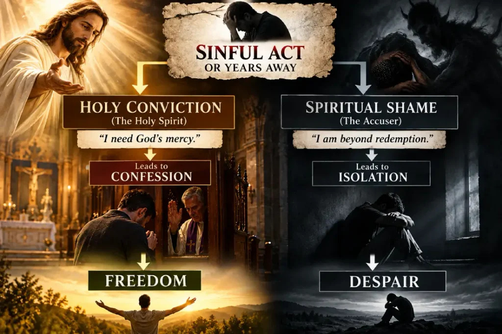Catholic infographic comparing holy conviction and spiritual shame, showing how confession leads from sin to God's mercy and freedom.