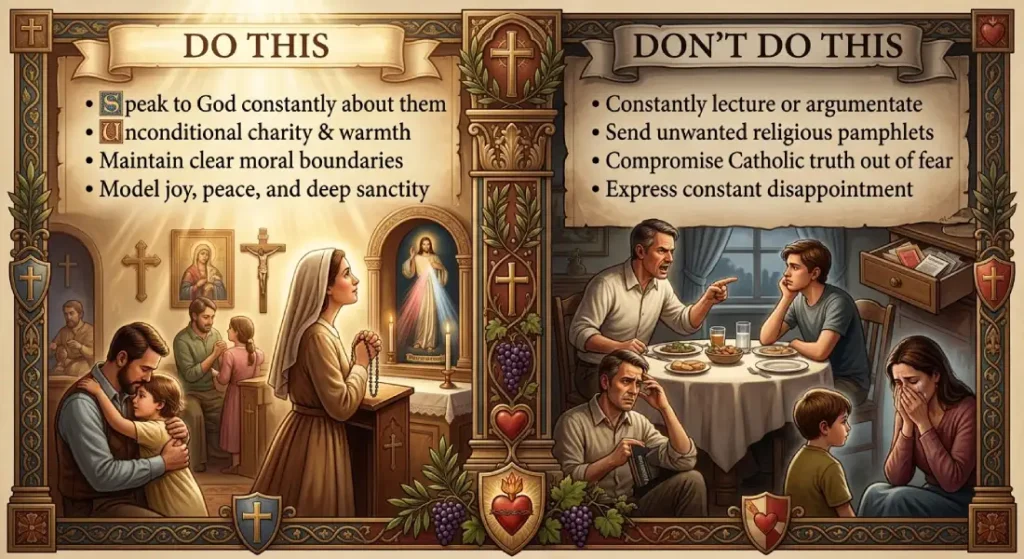 A Catholic educational comparison infographic illustrating 'Do's and Don'ts' for parents using a Catholic prayer for an adult child who left the faith, contrasting quiet intercession with argumentative lecturing.