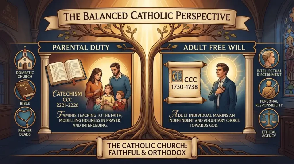 Educational Catholic diagram illustrating the balance between parental duty under CCC 2221 and adult free moral agency under CCC 1730 when offering a Catholic prayer for an adult child who left the faith.