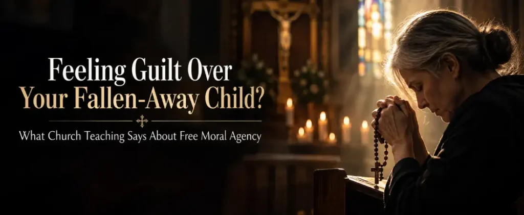 An aging Catholic parent praying with wooden rosary beads in a quiet chapel, finding comfort through a Catholic prayer for an adult child who left the faith.