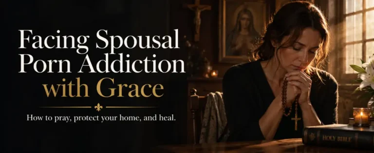 A Catholic woman quietly praying with a wooden Rosary by warm candlelight, seeking grace and spiritual intercession for her husband's pornography recovery.