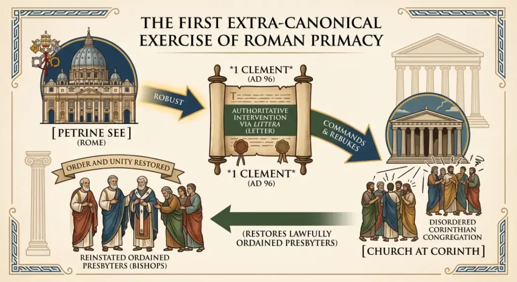 Historical diagram illustrating the first extra-canonical exercise of Roman Primacy: Pope Saint Clement I intervening from Rome via 1 Clement in AD 96 to restore lawfully ordained presbyters in Corinth.
