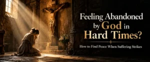 A person in quiet prayer inside a stone chapel illuminated by golden divine light, reflecting on why someone might be feeling like God is punishing them during suffering.