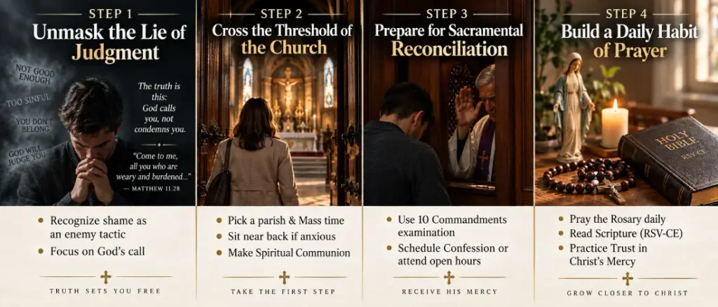 Four-step Catholic infographic showing how to overcome shame, return to Mass, prepare for Confession, and build a daily prayer life.