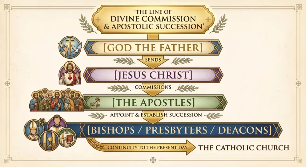 Theological diagram showing the Catholic line of divine commission: God the Father sends Jesus Christ, who commissions the Apostles, who appoint bishops, presbyters, and deacons in unbroken succession.