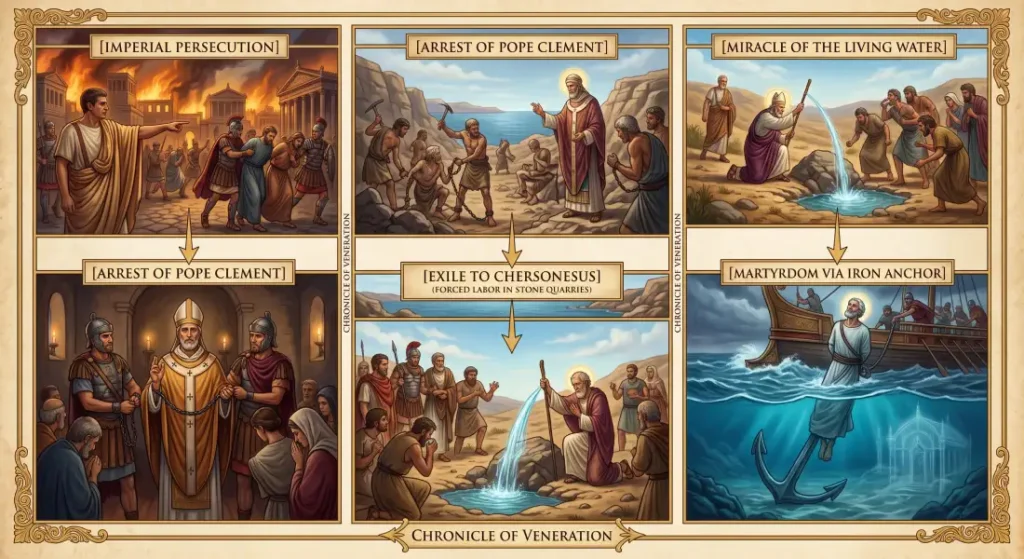 Narrative historical infographic chronicling the martyrdom of Pope Saint Clement I: Roman imperial persecution, arrest, exile to Crimean stone quarries, the miracle of living water, and execution by iron anchor in the Black Sea.