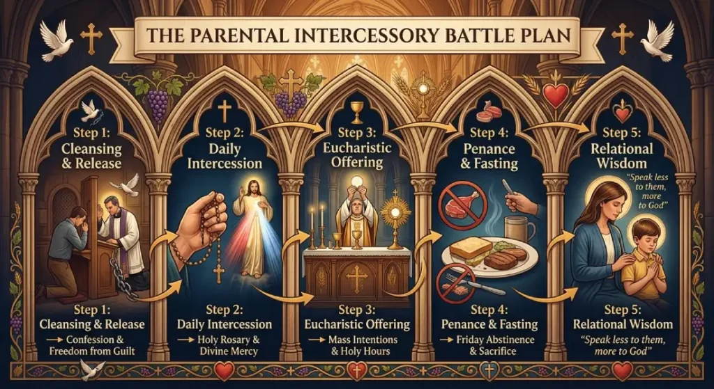 Detailed Catholic educational diagram outlining 'The Parental Intercessory Battle Plan,' featuring 5 steps including Sacramental Confession, Eucharistic Adoration, and fastings as a Catholic prayer for an adult child strategy.